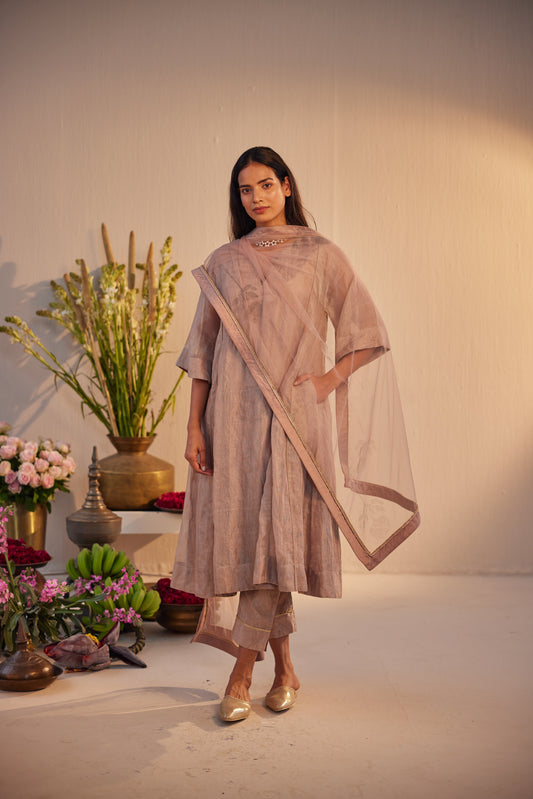 Dupatta in Nude Net with Block Print