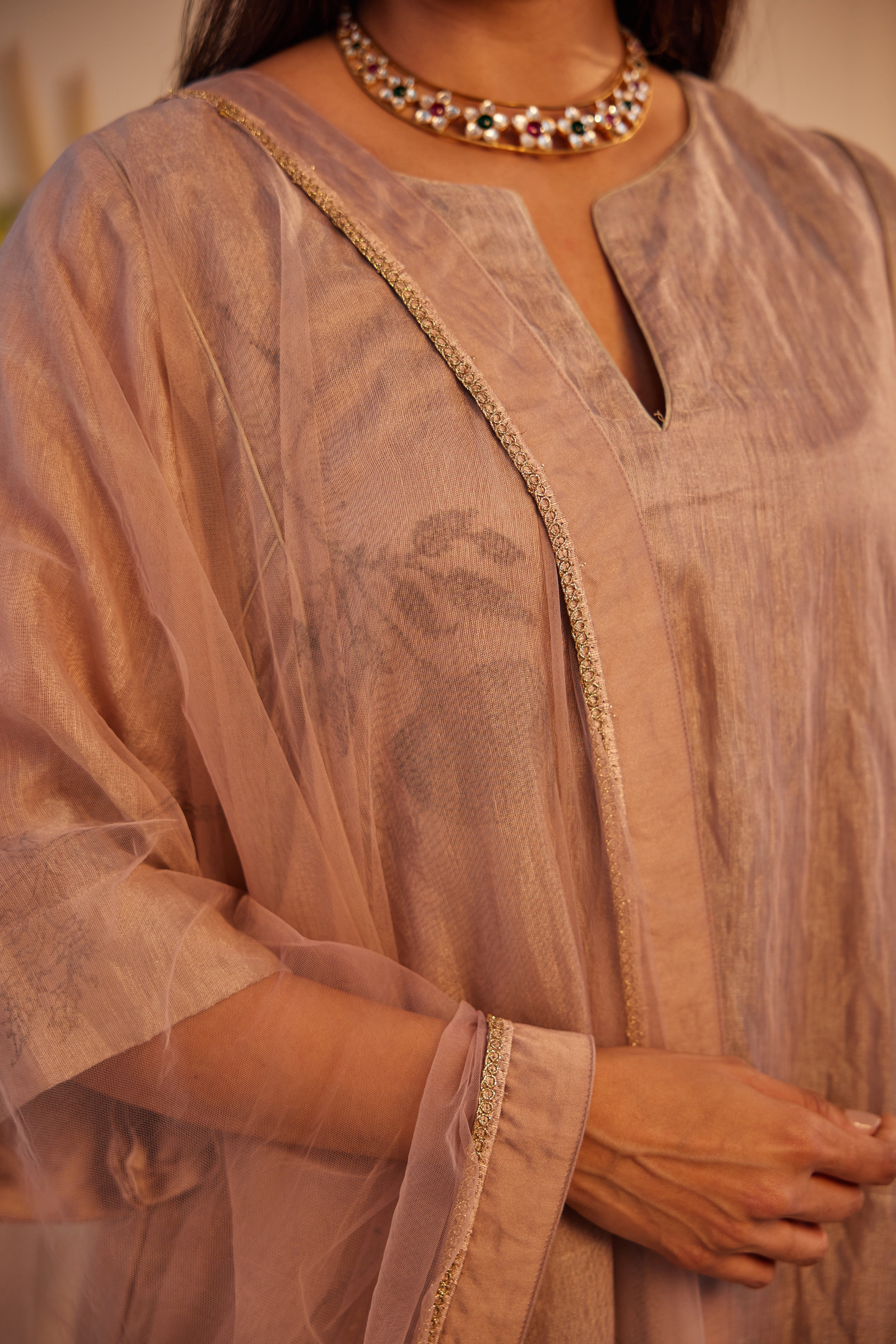 Dupatta in Nude Net with Block Print