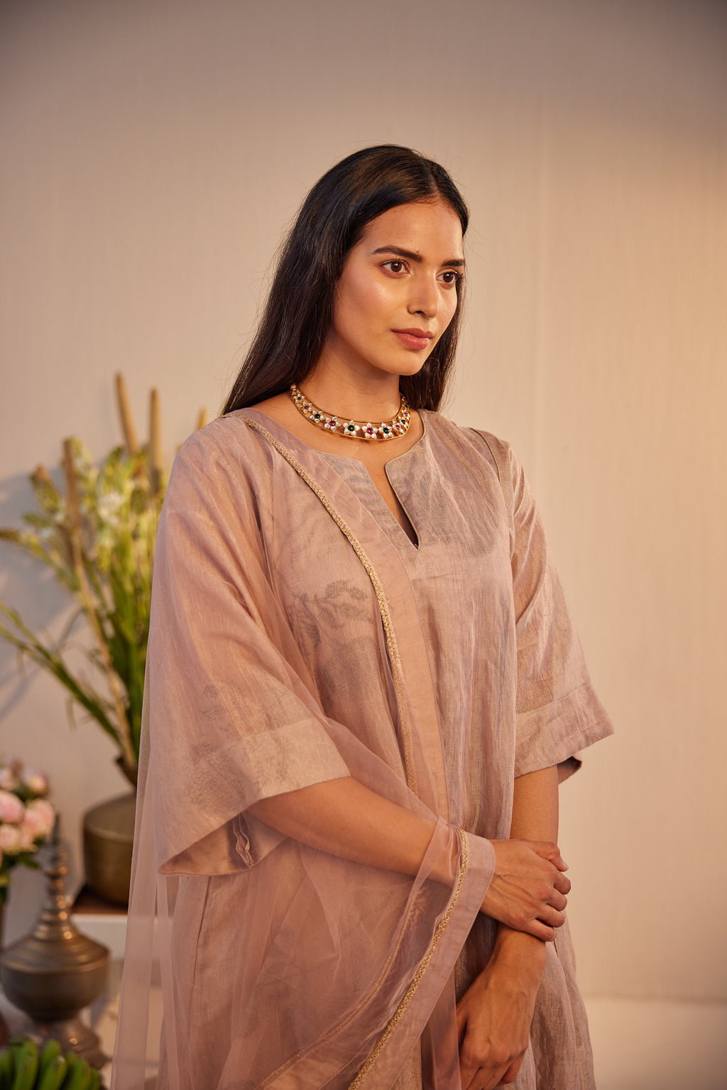 Dupatta in Nude Net with Block Print