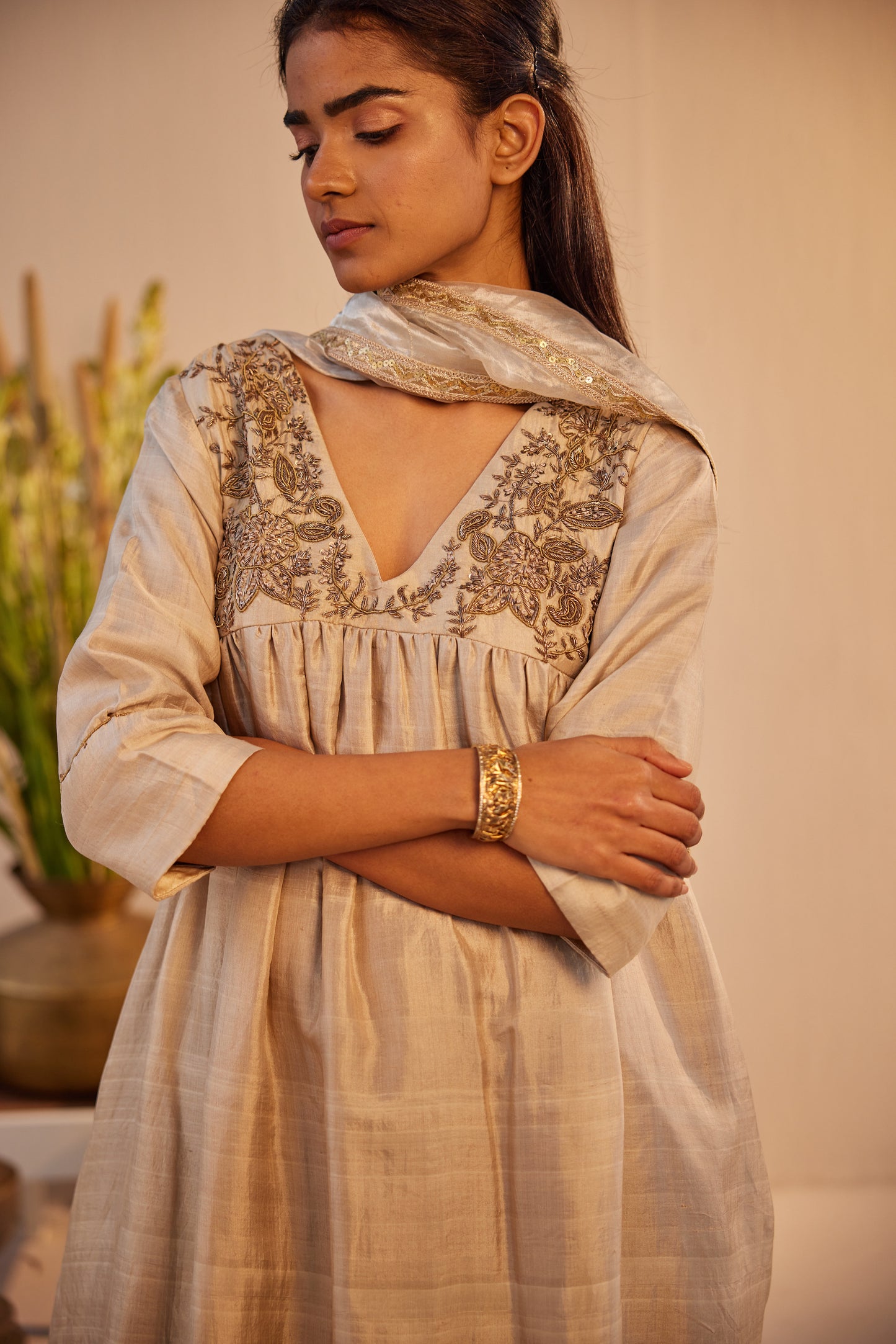 Empireline Kurta in Ivory Silk with Chanderi Pant