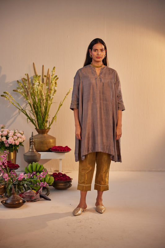 Jhabla Kurta in Grey Silk with Tissue Pant