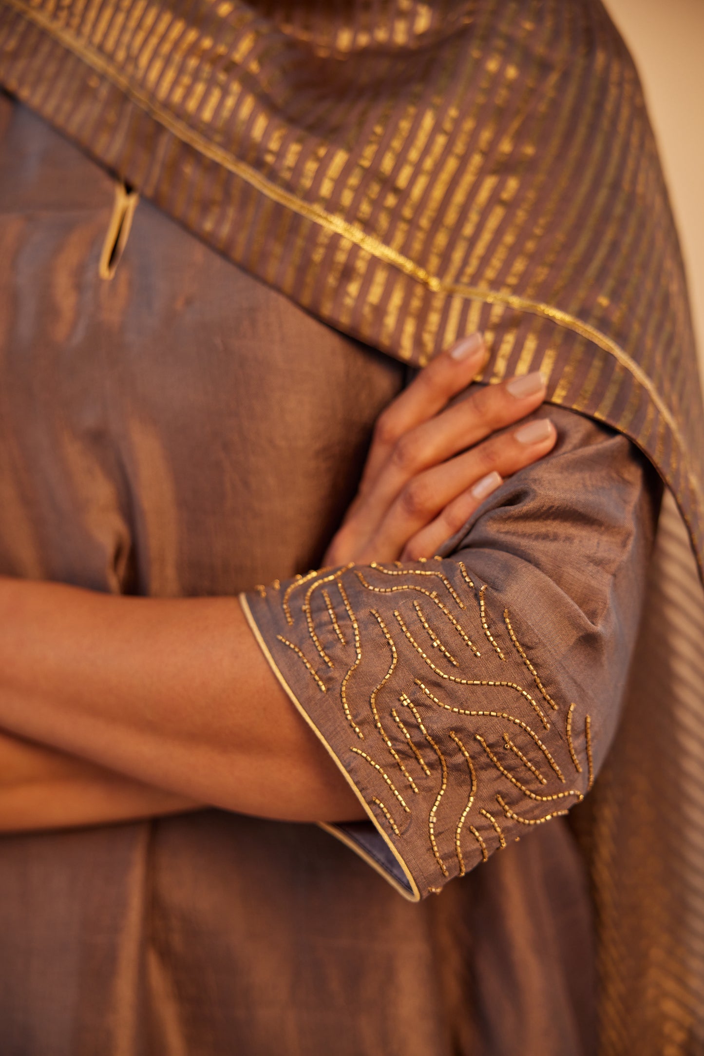 Jhabla Kurta in Grey Silk with Tissue Pant