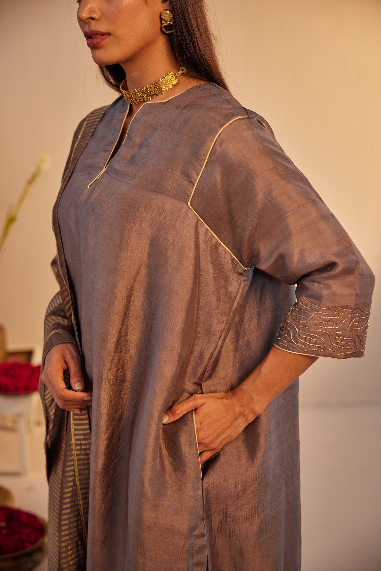 Jhabla Kurta in Grey Silk with Tissue Pant