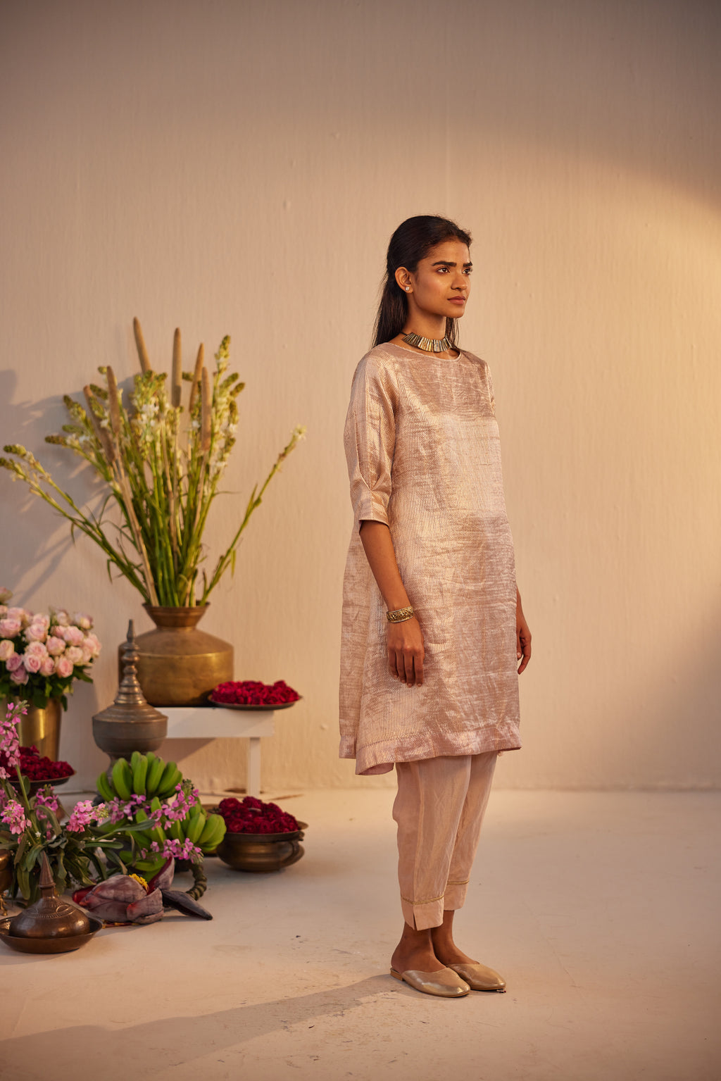 HK Kurta in Dusty Pink Brocade Tissue with Pant