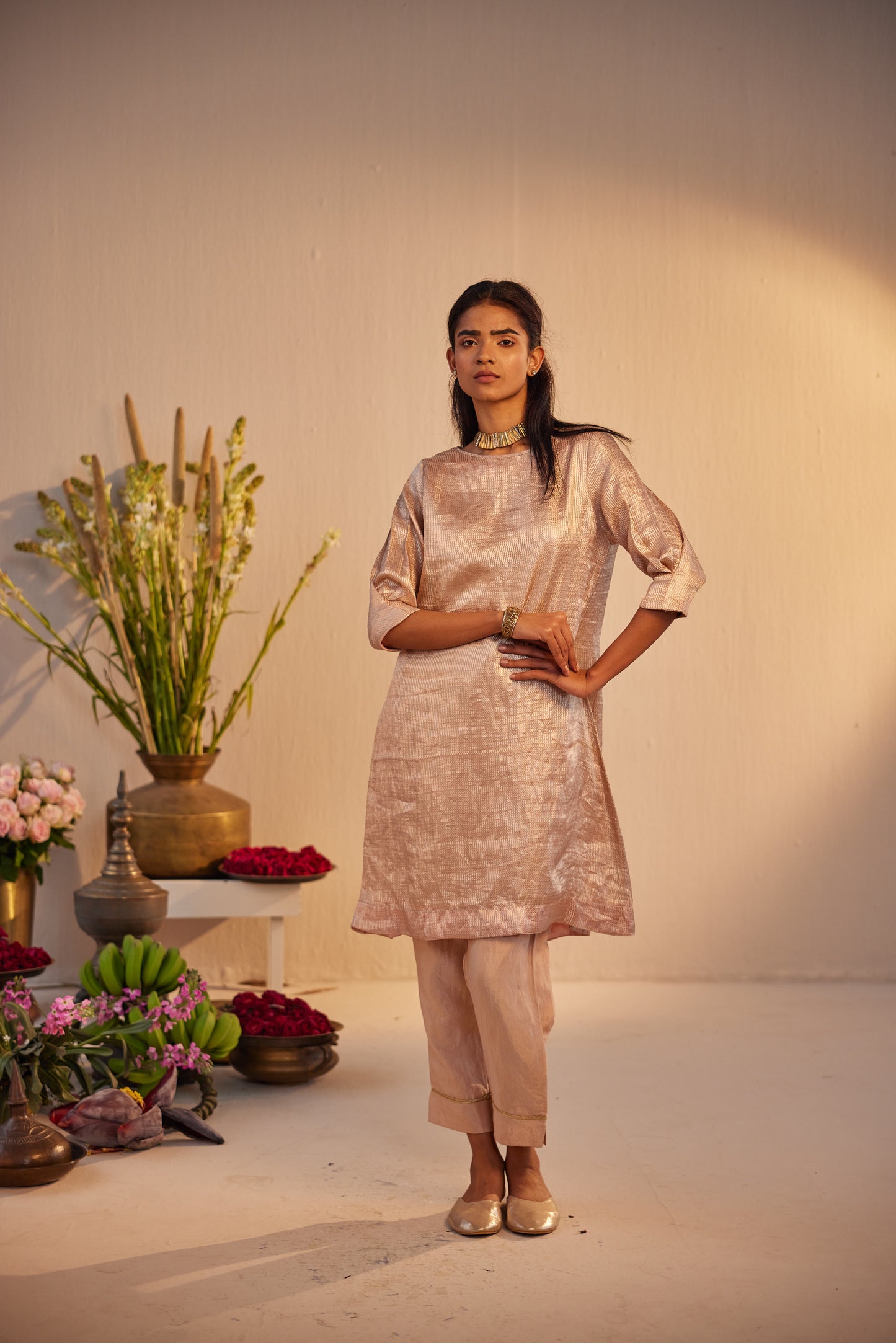 HK Kurta in Dusty Pink Brocade Tissue with Pant