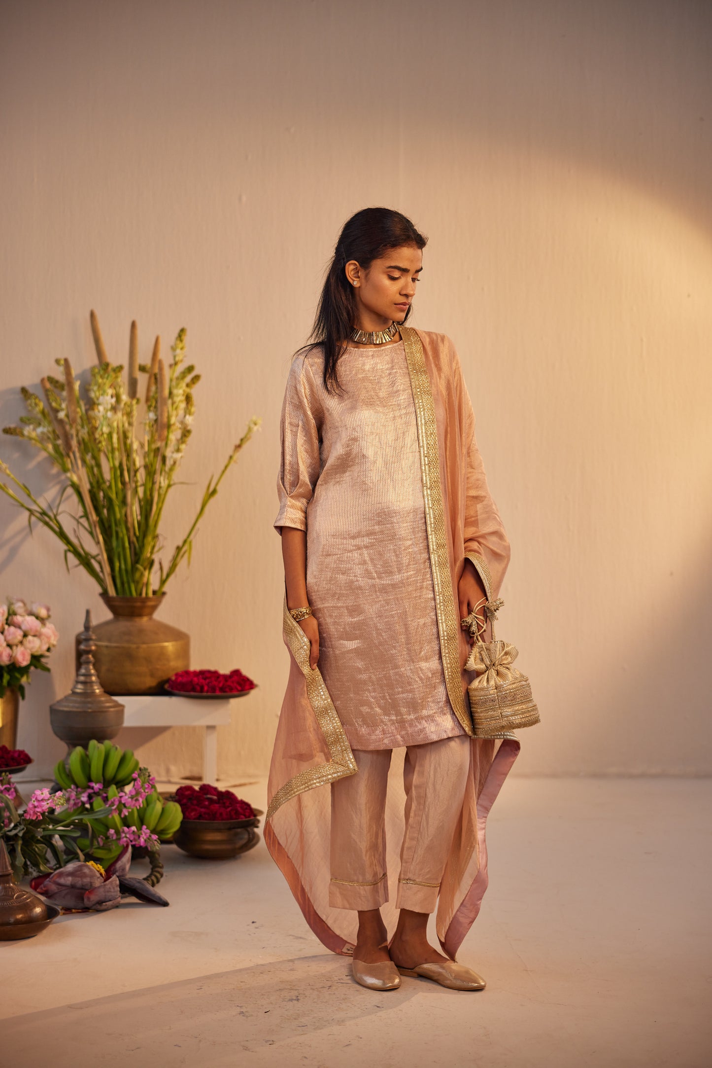 HK Kurta in Dusty Pink Brocade Tissue with Pant