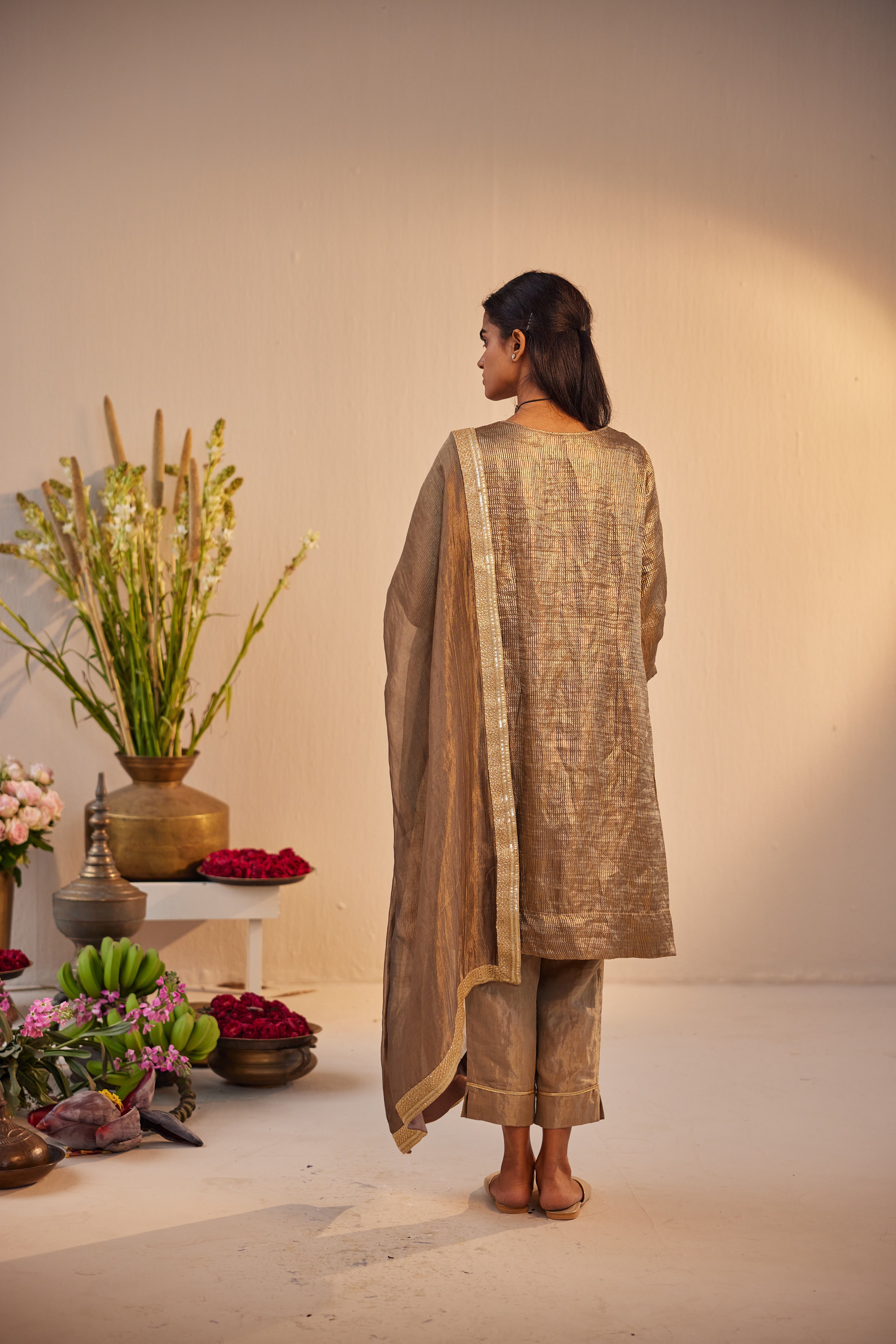 HK Kurta in Grey Brocade Tissue with  Pant