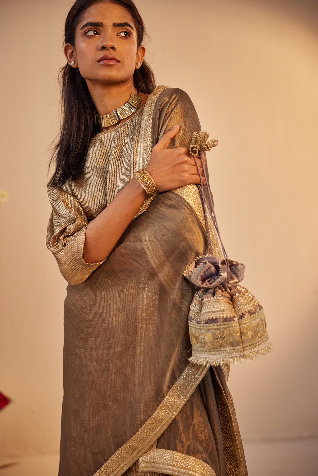 HK Kurta in Grey Brocade Tissue with  Pant