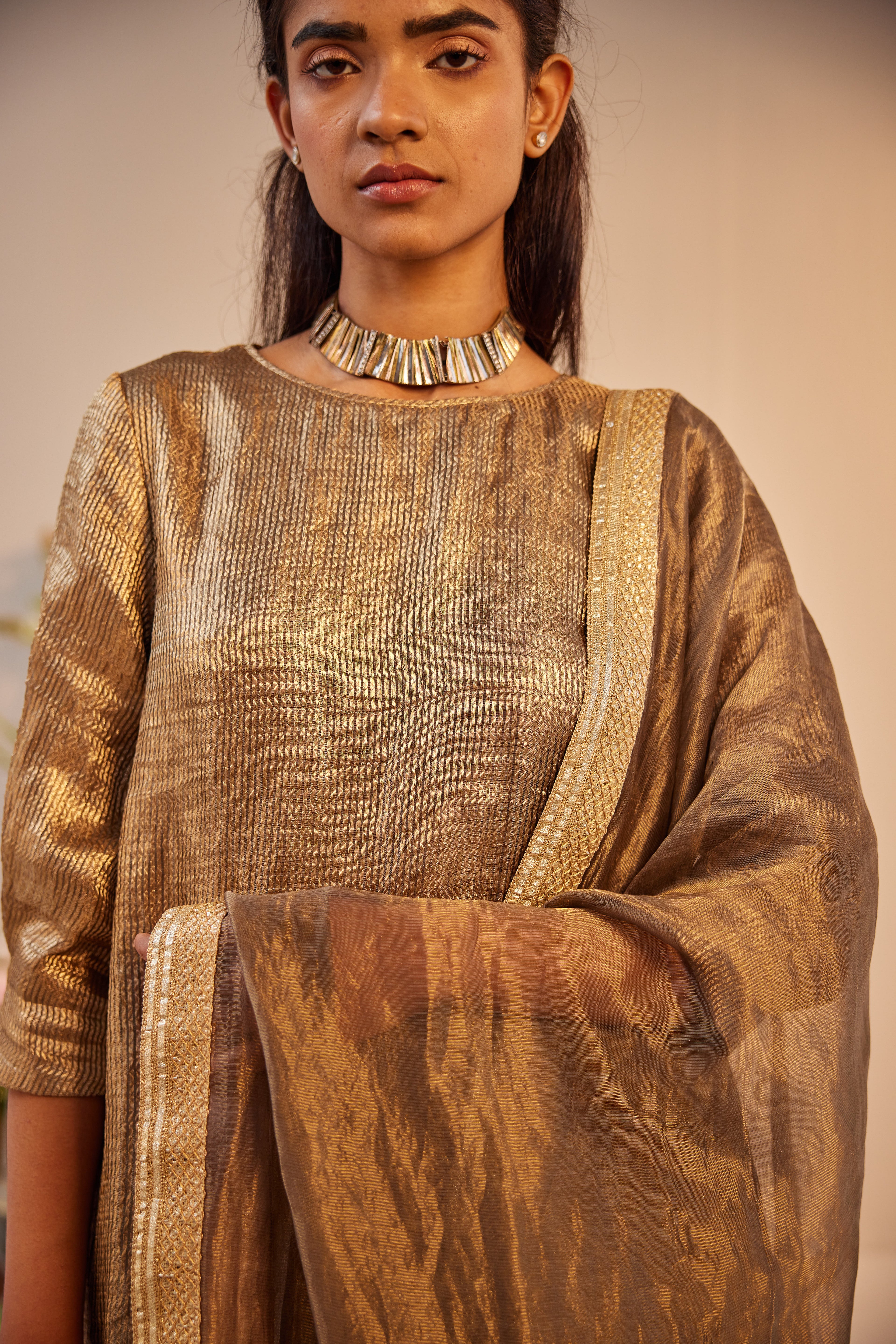 Dupatta in Grey Tissue Chanderi Stripes