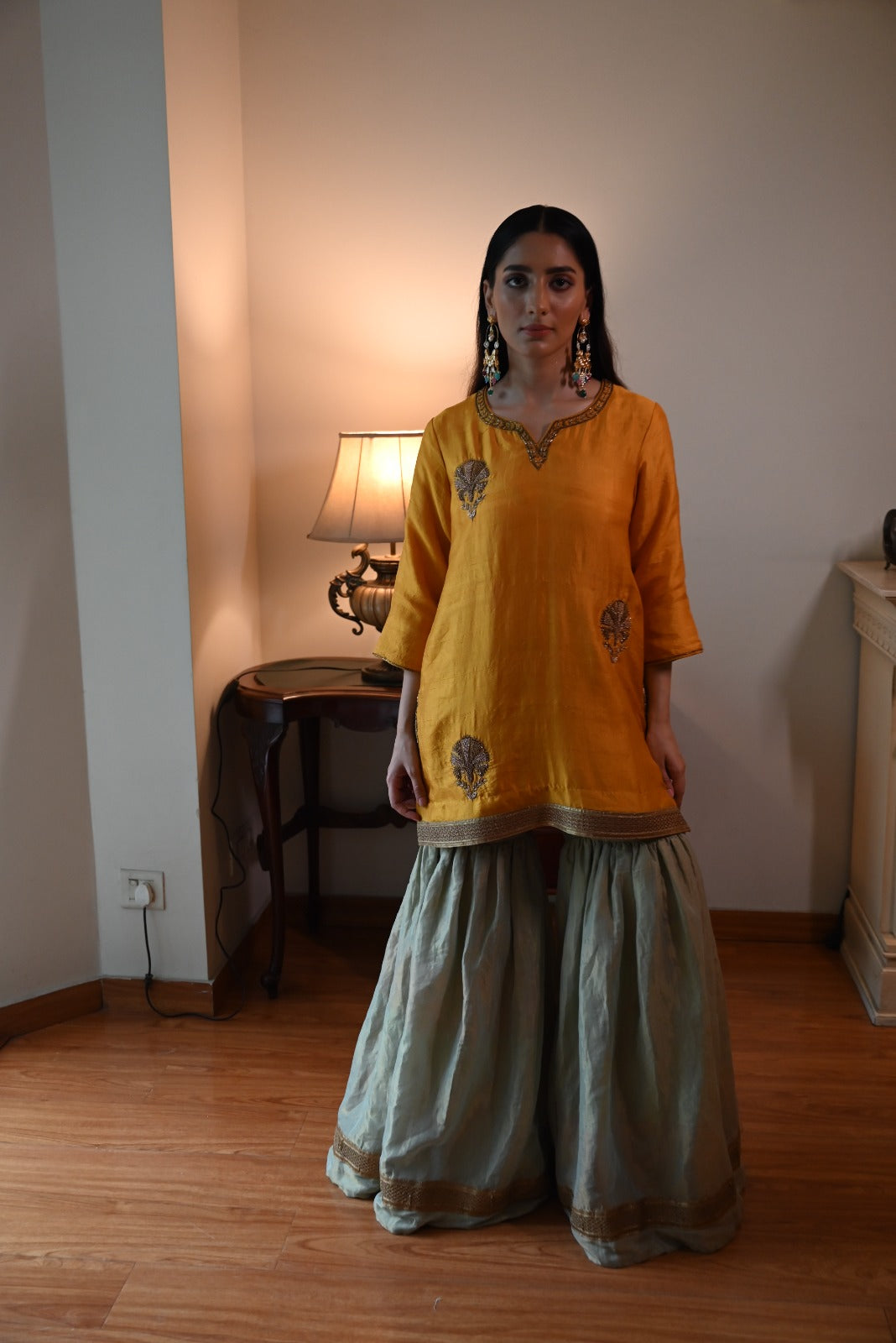 Anisha Kurta in Yellow with Pista Green Sharara