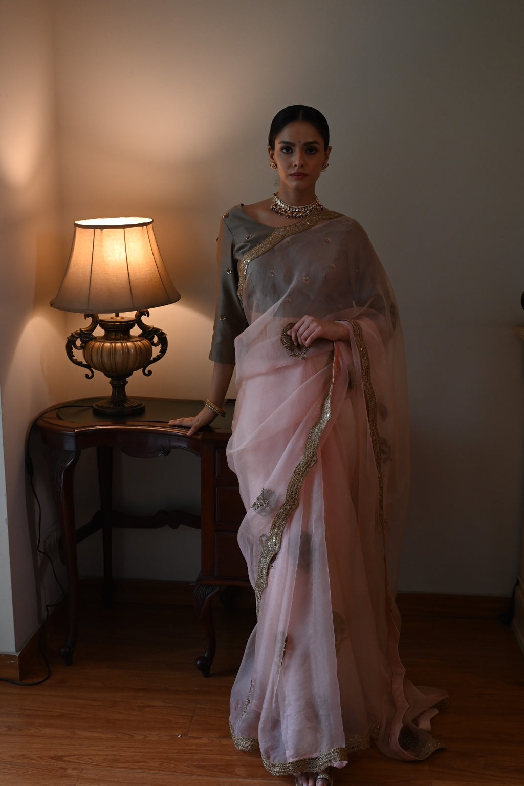 Nurjahan Organza Saree in Rose Pink