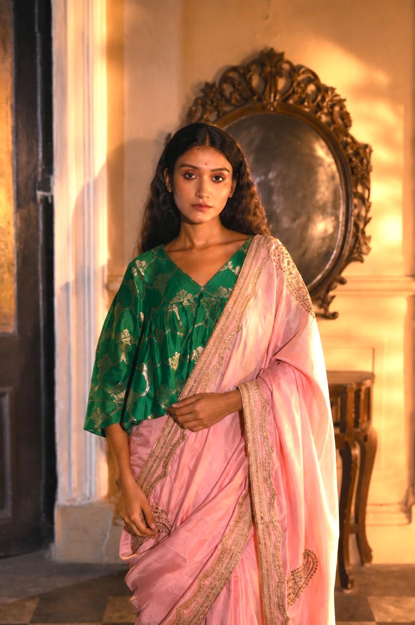 Kolka Saree in Tyohaar Pink Silk Satin Stripe