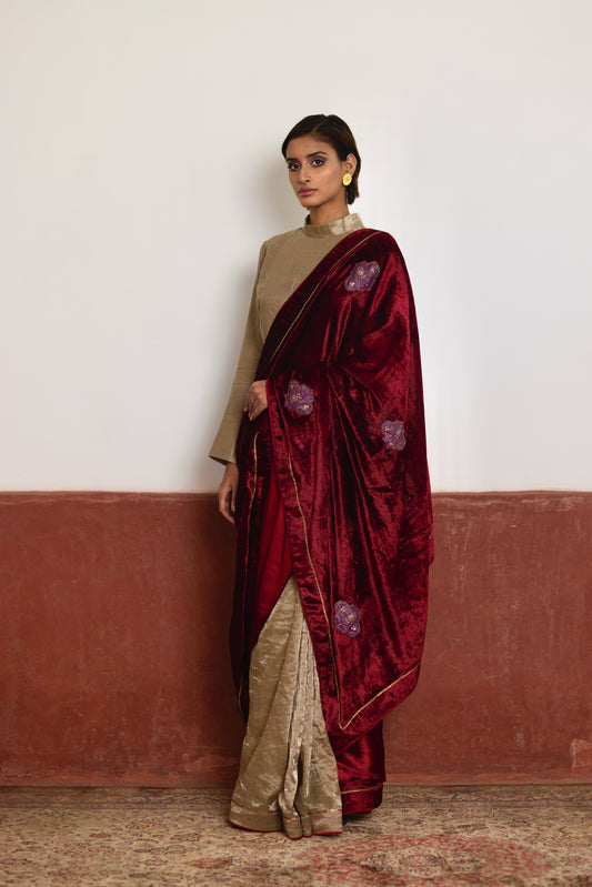 Saree in Red Velvet and Tissue