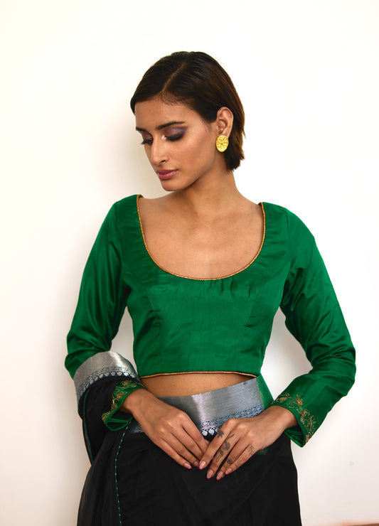 Deep U Neck Blouse in Green Silk