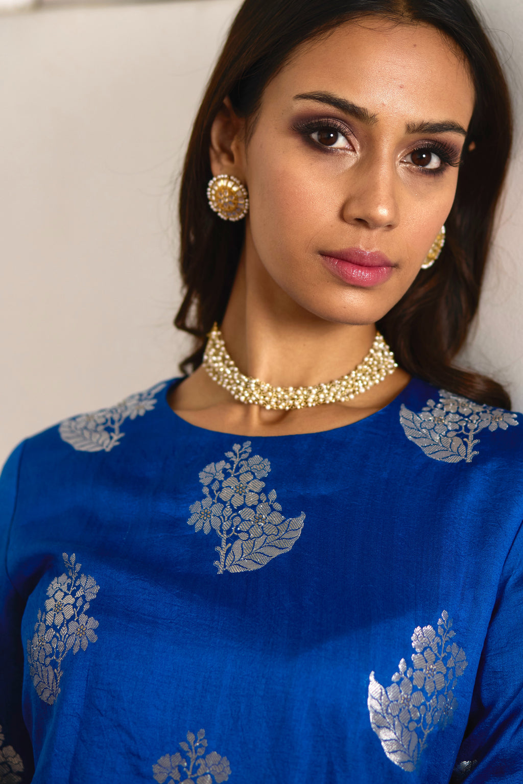 Zero Neck Short Kurta in Blue Brocade with Silver Tissue Sharara