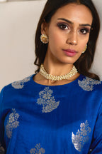 Zero Neck Short Kurta in Blue Brocade with Silver Tissue Sharara