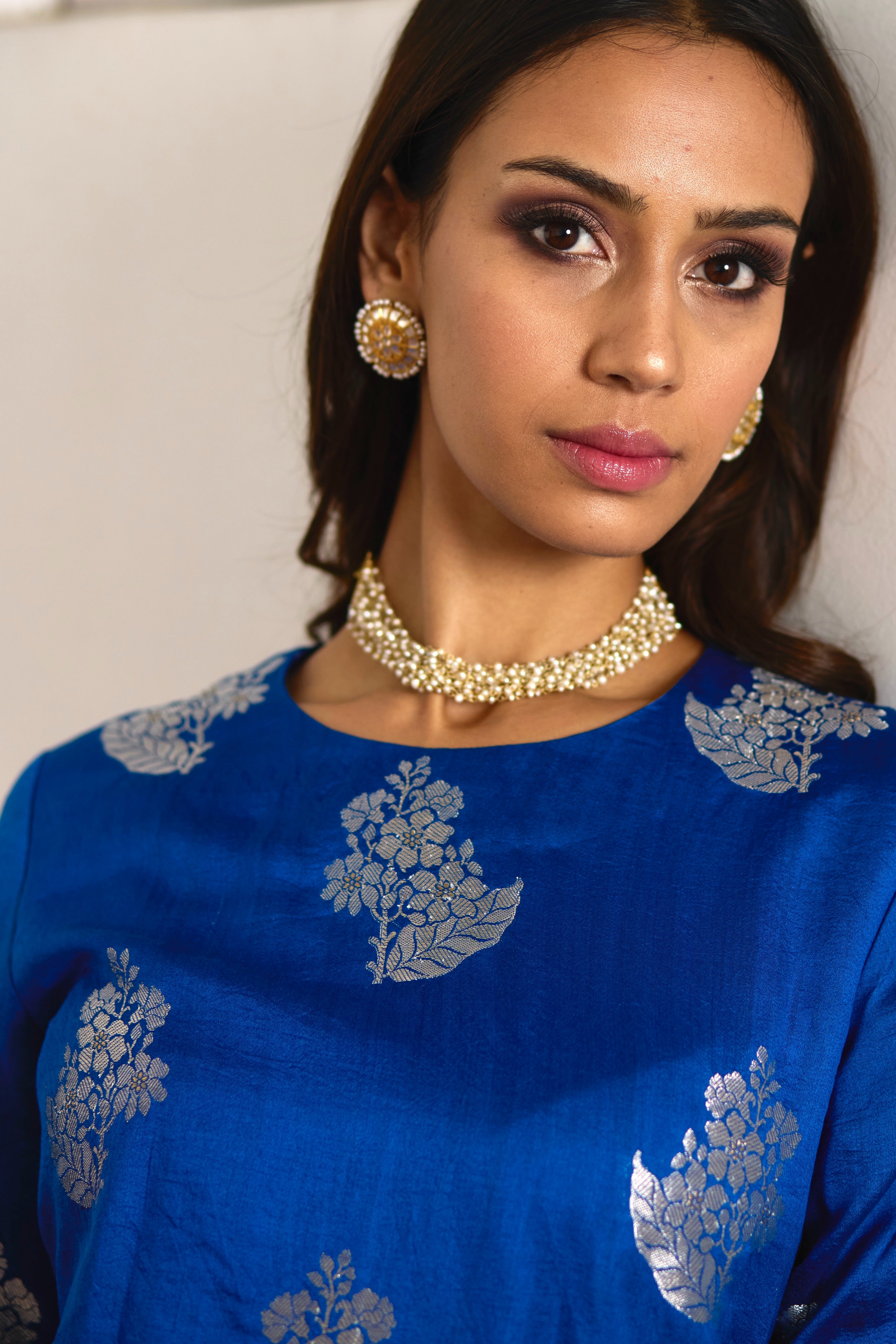 Zero Neck Short Kurta in Blue Brocade with Silver Tissue Sharara