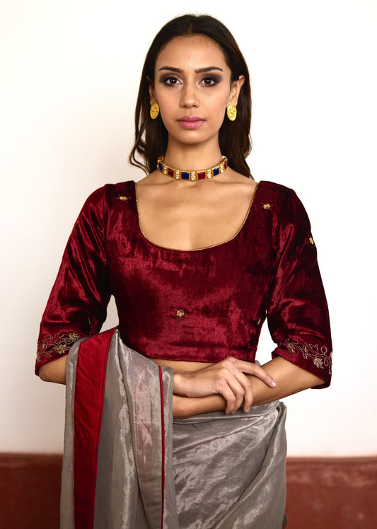 Deep U Neck Blouse in Red Velvet