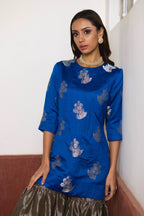 Zero Neck Short Kurta in Blue Brocade with Silver Tissue Sharara
