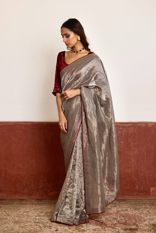 Saree in Silver Tissue with Red Facing