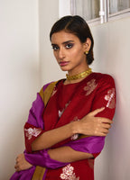 Zero Neck Short Kurta in Red Brocade with Purple Velvet Sharara