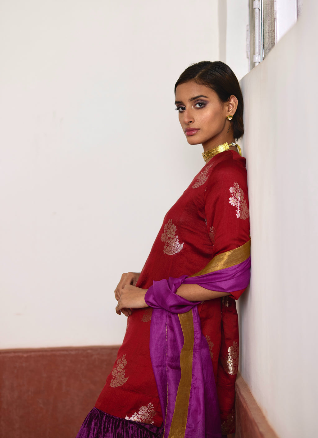 Silk Dupatta in Purple with block printing