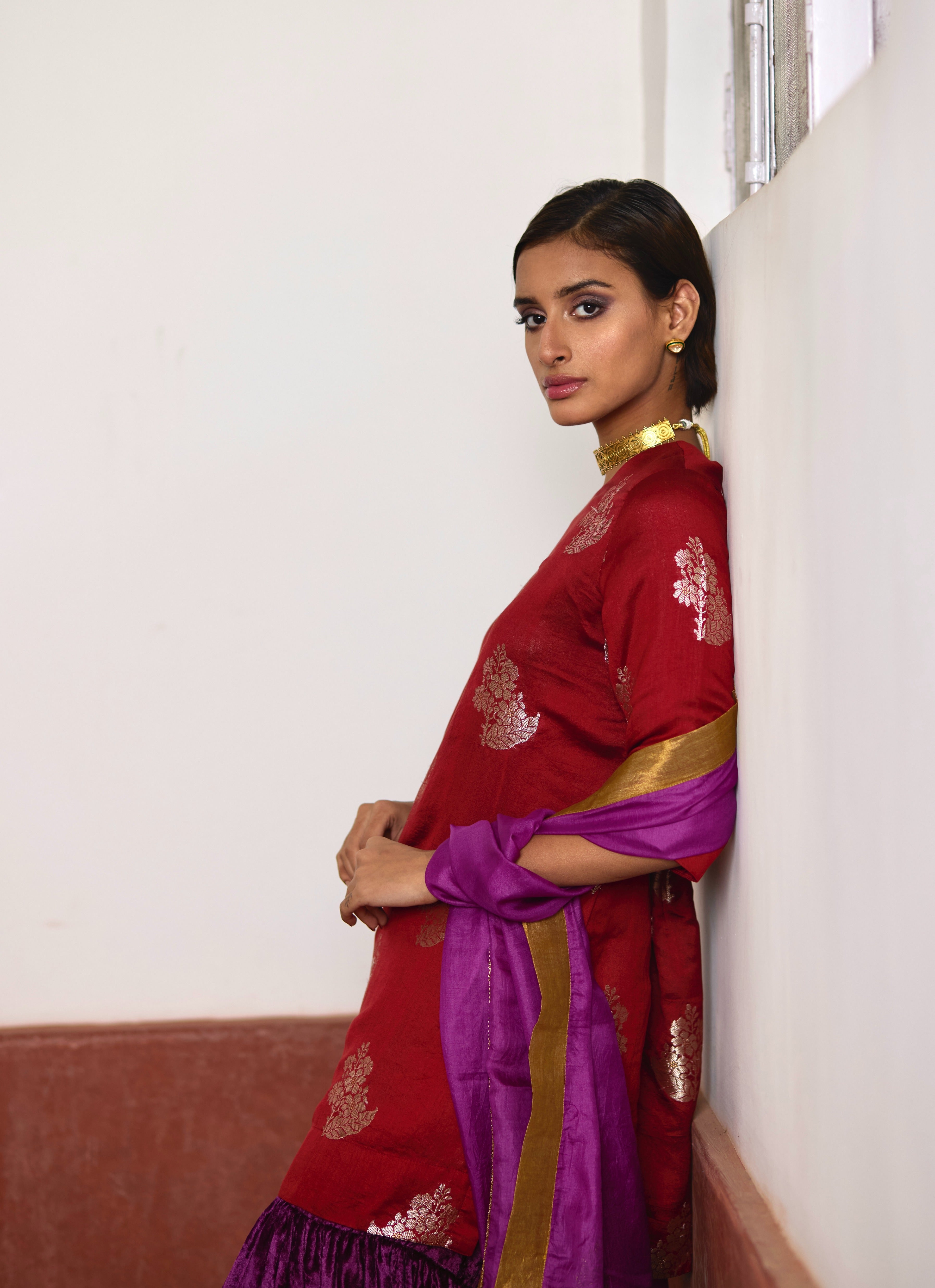 Silk Dupatta in Purple with block printing