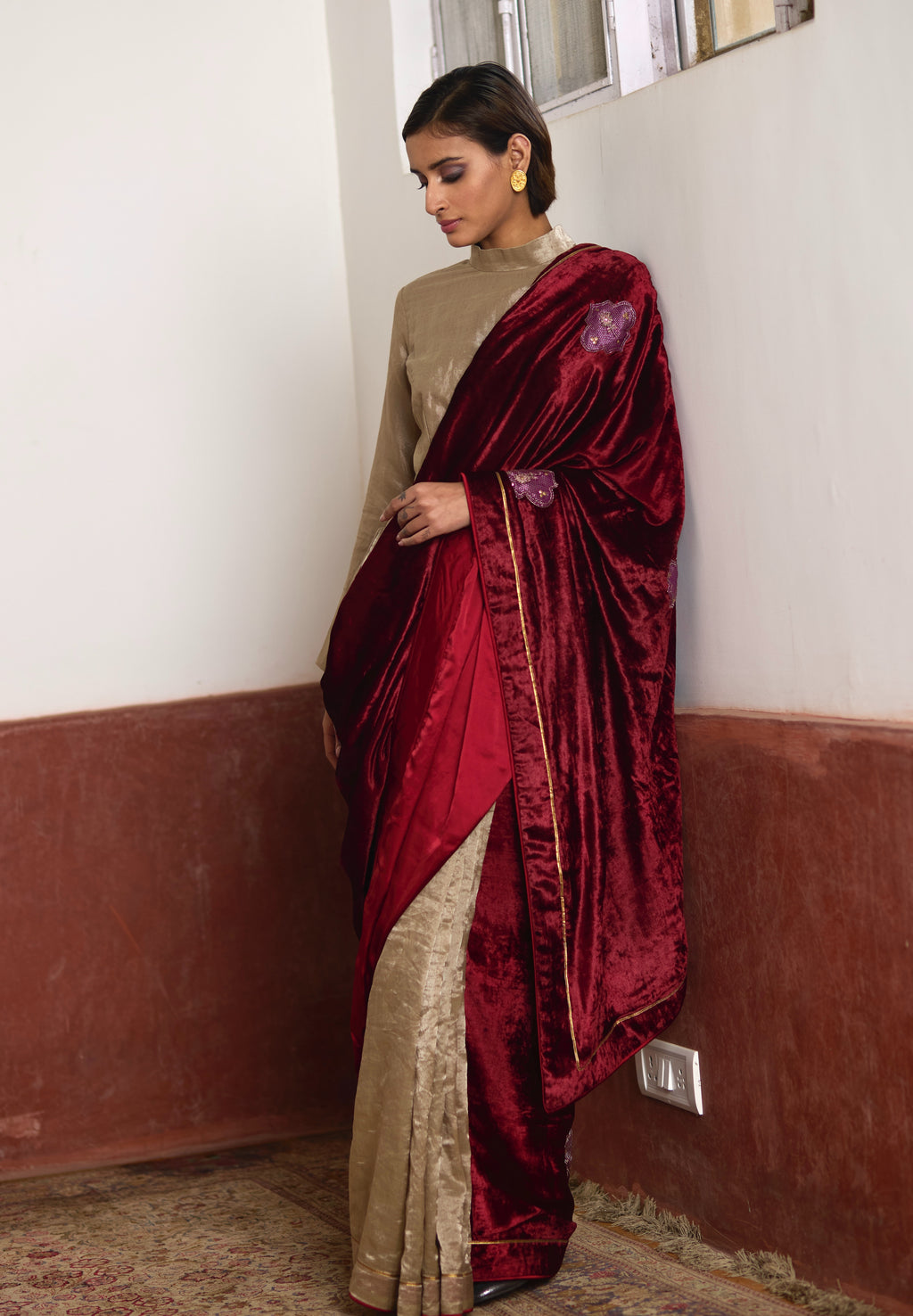 Saree in Red Velvet and Tissue