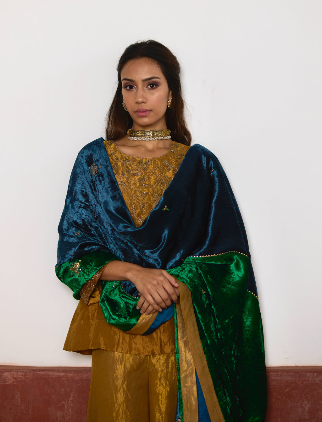 Half & Half Velvet Dupatta in Teal and Green