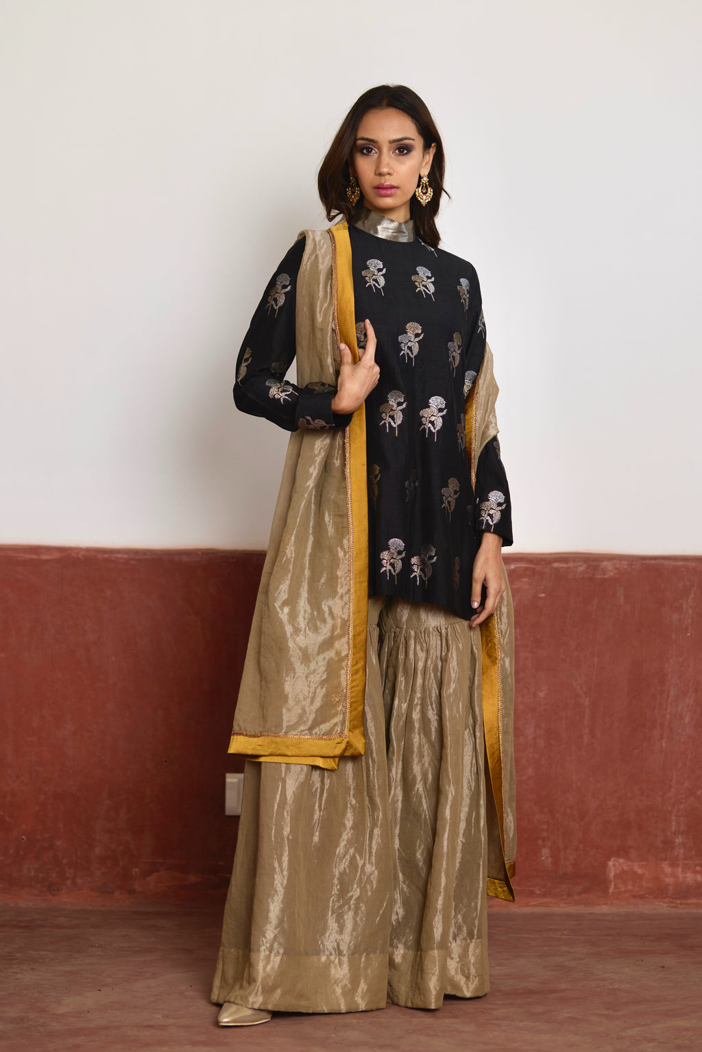 Polo Neck Short Kurta in Black Brocade with Champagne Grey Tissue Sharara