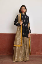 Polo Neck Short Kurta in Black Brocade with Champagne Grey Tissue Sharara