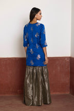 Zero Neck Short Kurta in Blue Brocade with Silver Tissue Sharara