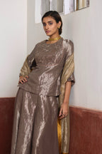 Dupatta in Champagne Grey Tissue with Block Print