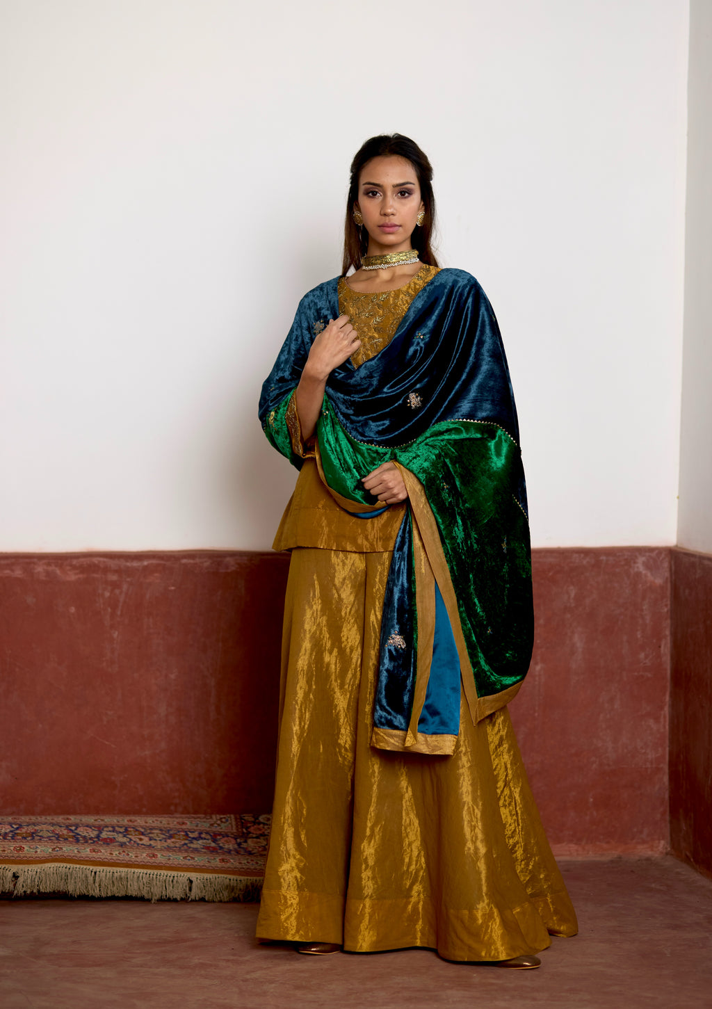 Half & Half Velvet Dupatta in Teal and Green