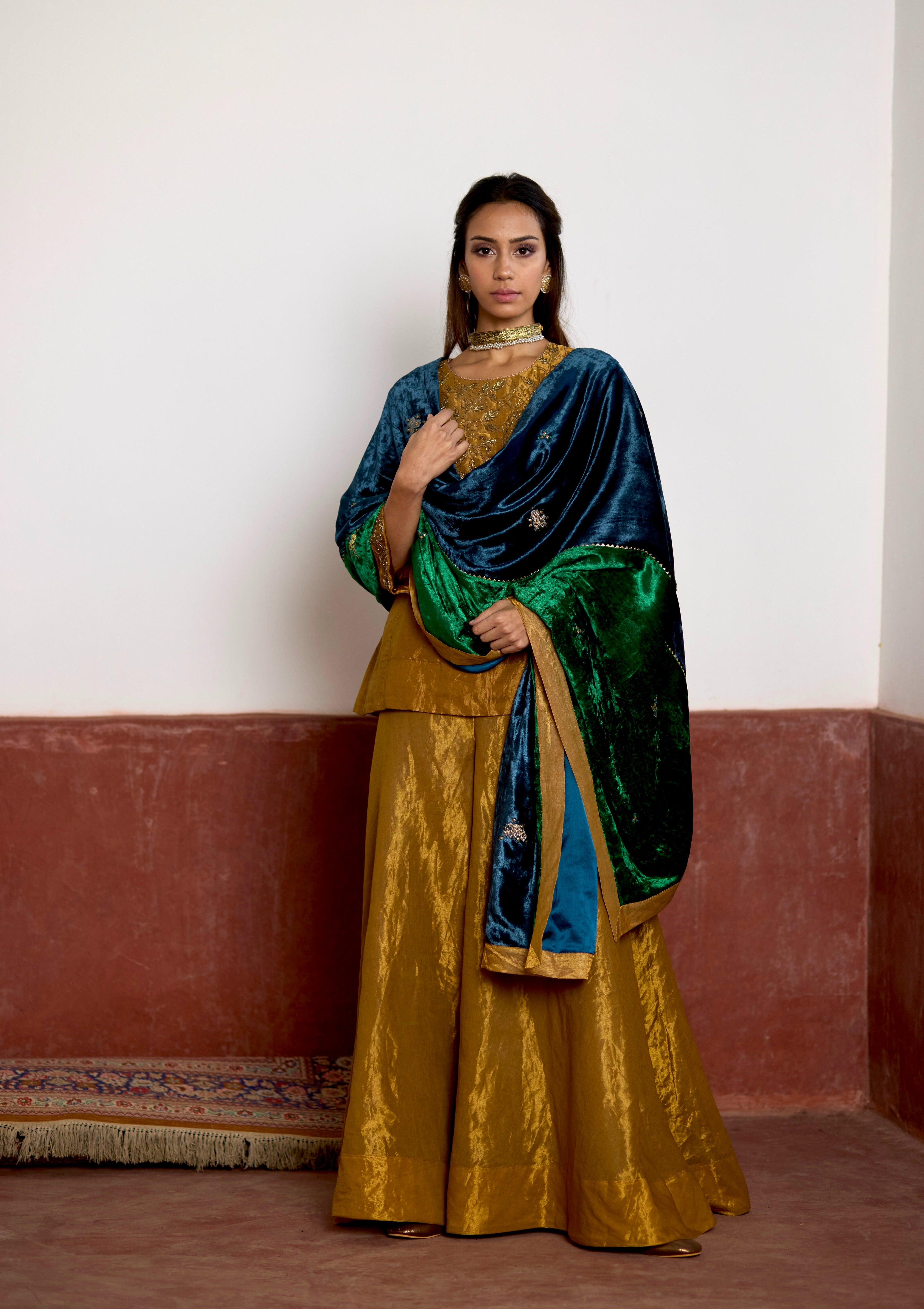 Half & Half Velvet Dupatta in Teal and Green