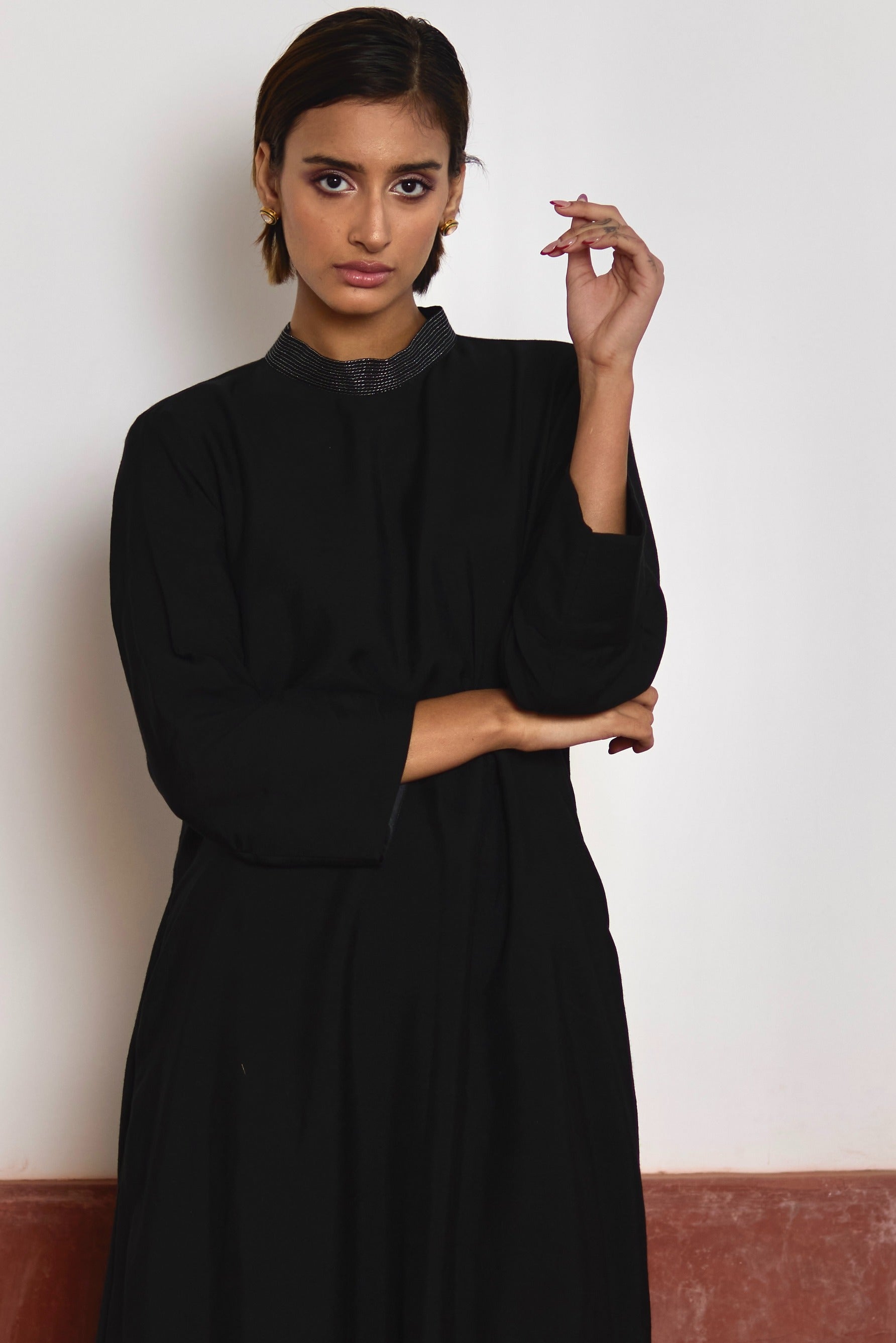 Asymmetrical Dress in Black Silk with Blue Brocade Sally Jacket