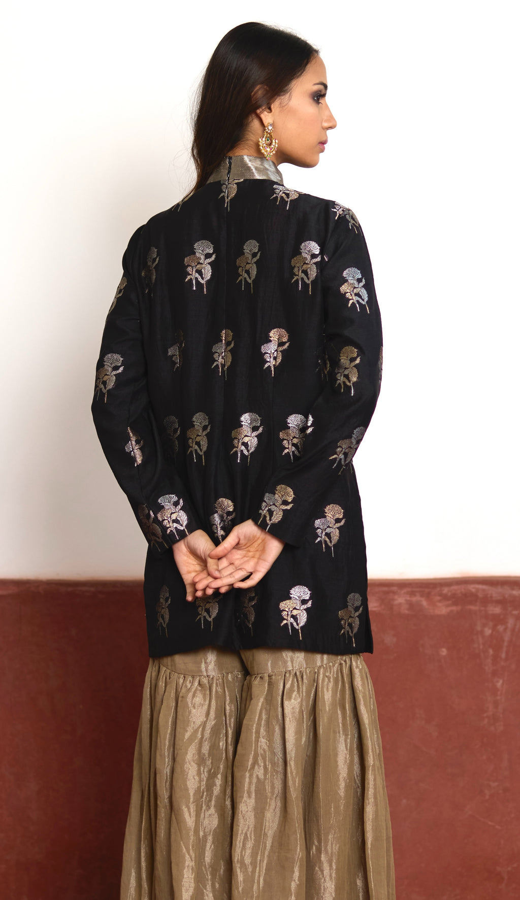 Polo Neck Short Kurta in Black Brocade with Champagne Grey Tissue Sharara