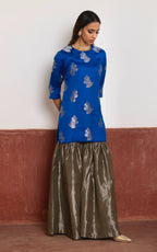 Zero Neck Short Kurta in Blue Brocade with Silver Tissue Sharara