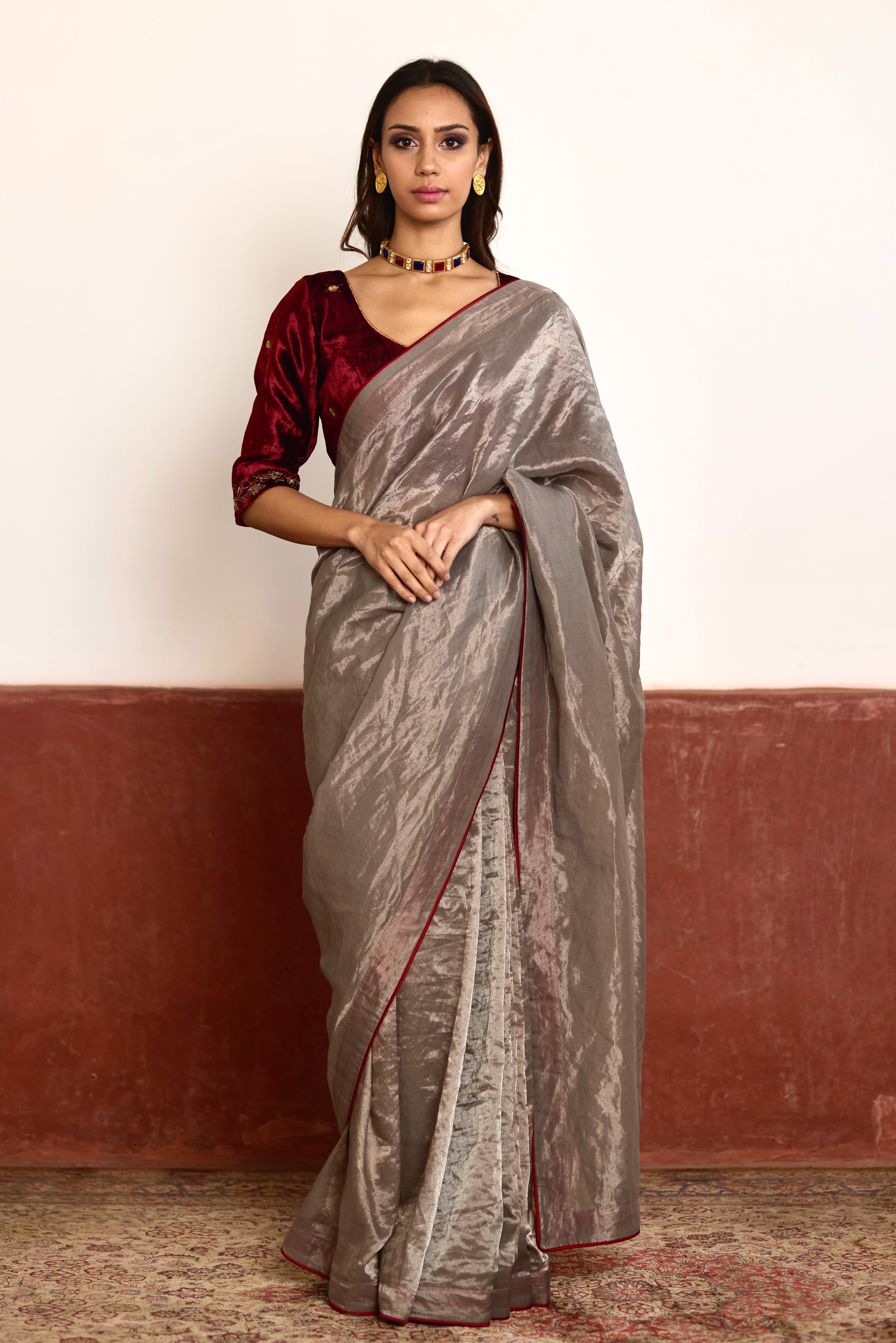 Saree in Silver Tissue with Red Facing