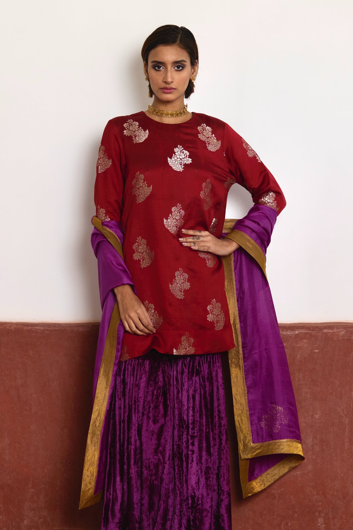 Silk Dupatta in Purple with block printing