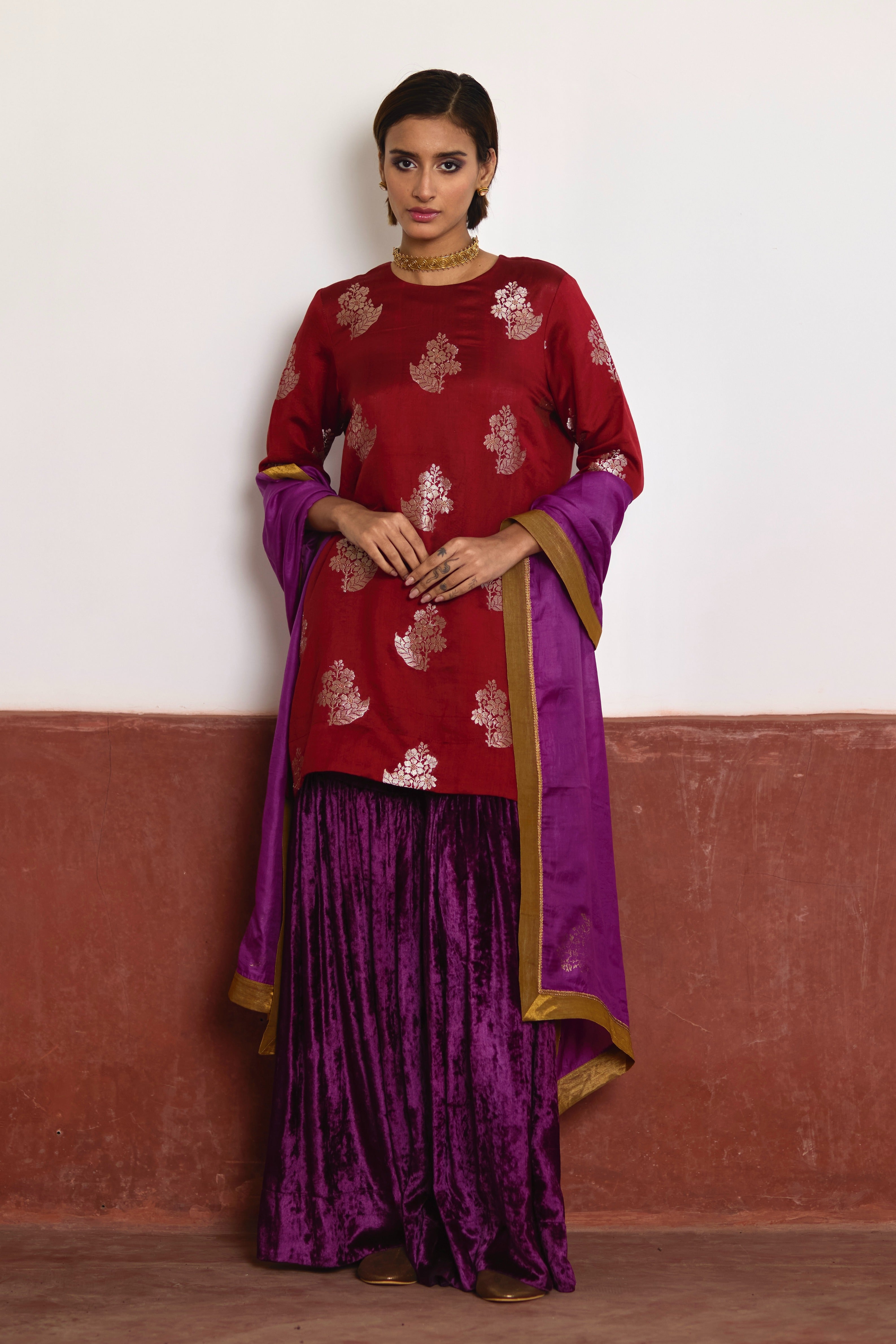 Zero Neck Short Kurta in Red Brocade with Purple Velvet Sharara