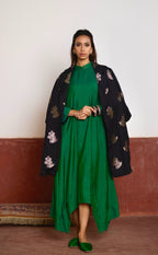 Asymmetrical Dress in Green Silk with Black Brocade Sally Jacket