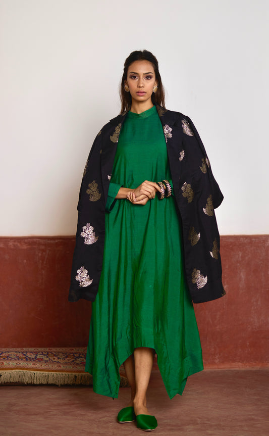 Asymmetrical Dress in Green Silk with Black Brocade Sally Jacket