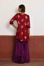 Zero Neck Short Kurta in Red Brocade with Purple Velvet Sharara