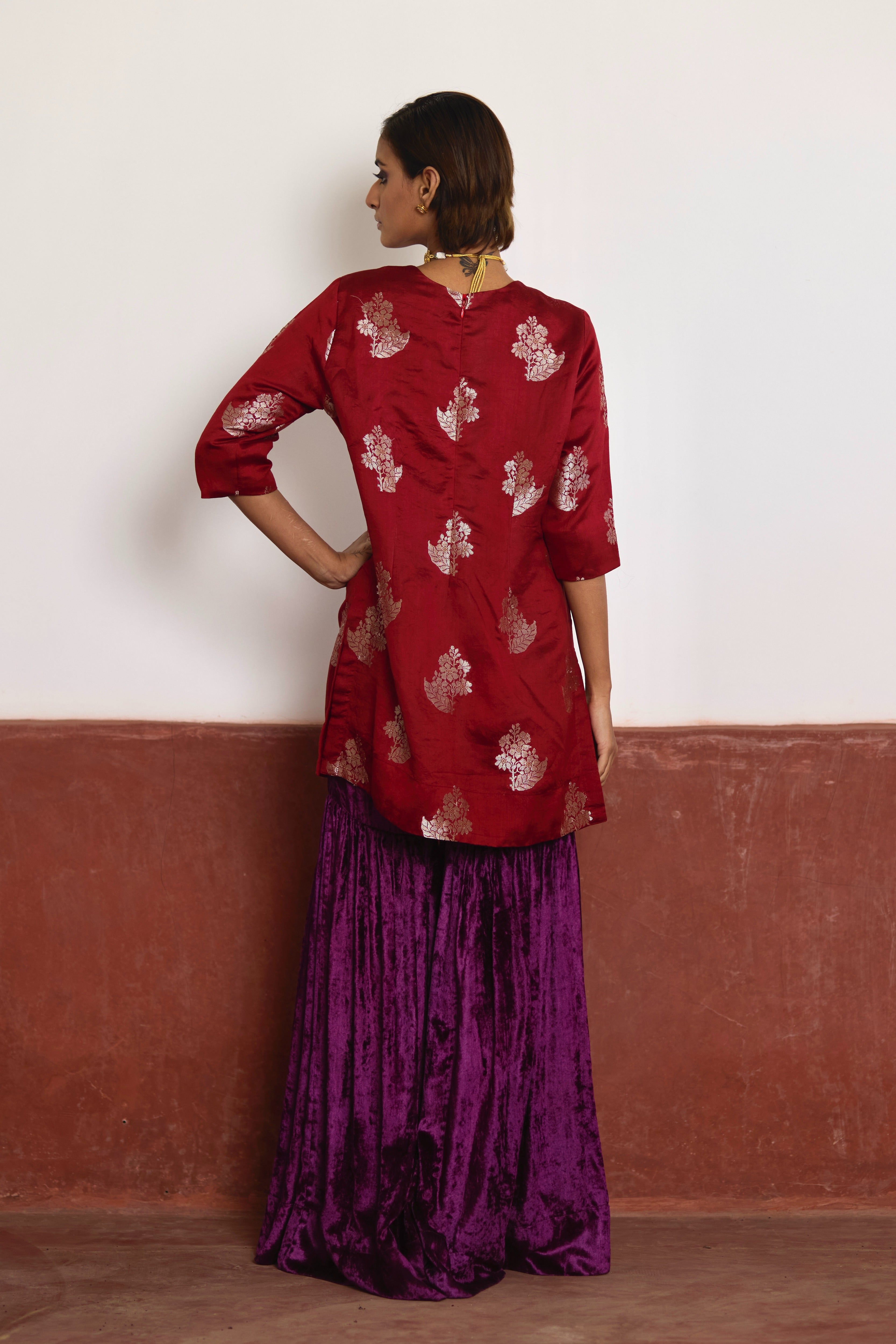 Zero Neck Short Kurta in Red Brocade with Purple Velvet Sharara
