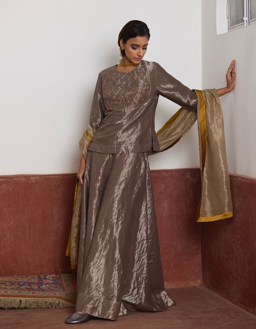 Mini Angrakha Kurta in Silver Tissue with Silver Tissue Garara