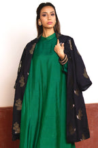 Asymmetrical Dress in Green Silk with Black Brocade Sally Jacket