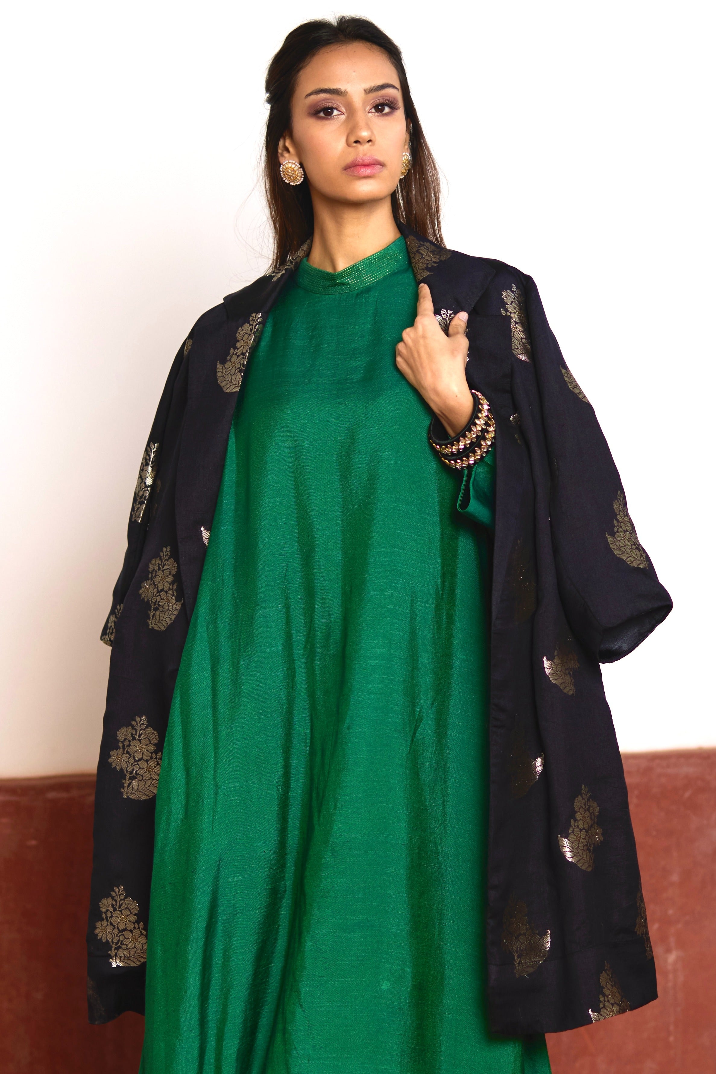 Asymmetrical Dress in Green Silk with Black Brocade Sally Jacket