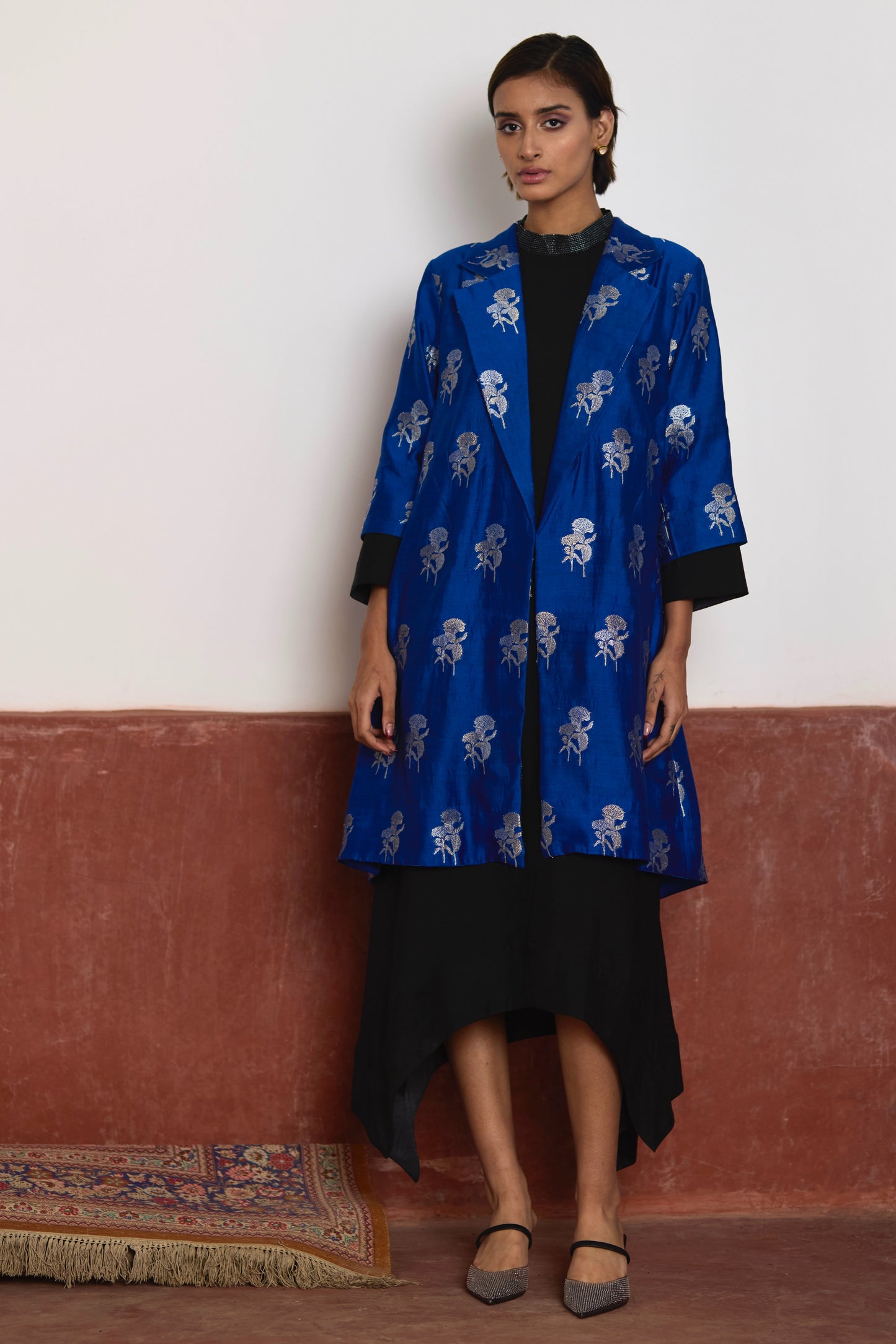 Asymmetrical Dress in Black Silk with Blue Brocade Sally Jacket