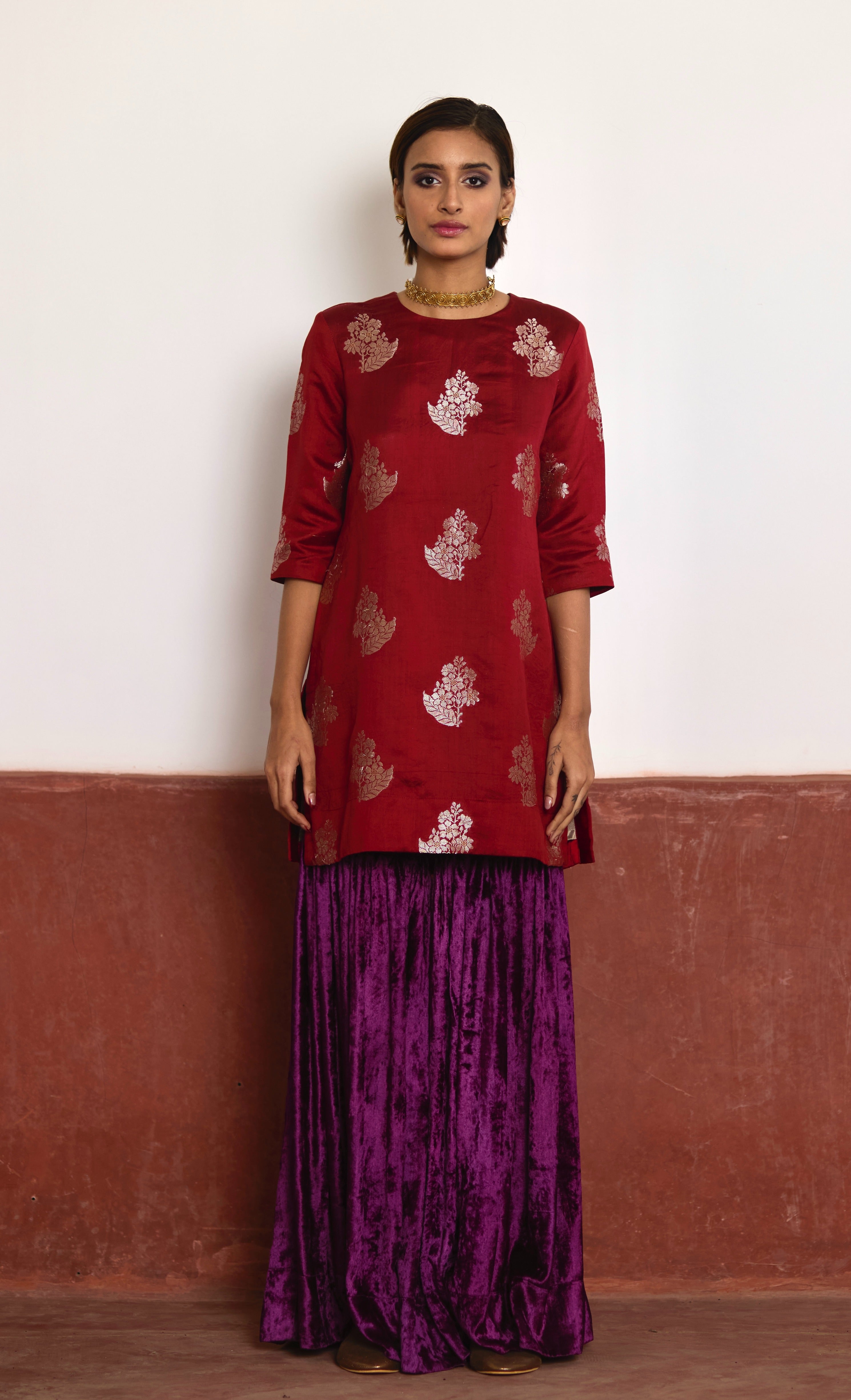 Zero Neck Short Kurta in Red Brocade with Purple Velvet Sharara